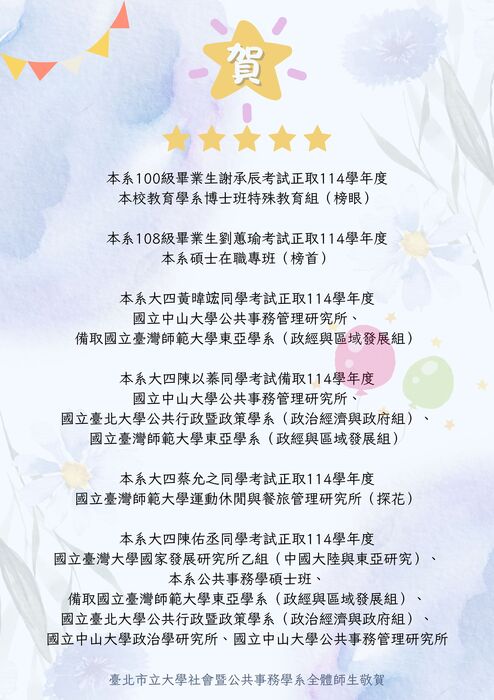 本系大四陳佑丞同學考試正取國立臺灣大學國家發展研究所乙組（中國大陸與東亞研究）、本系公共事務學碩士班（探花）圖片